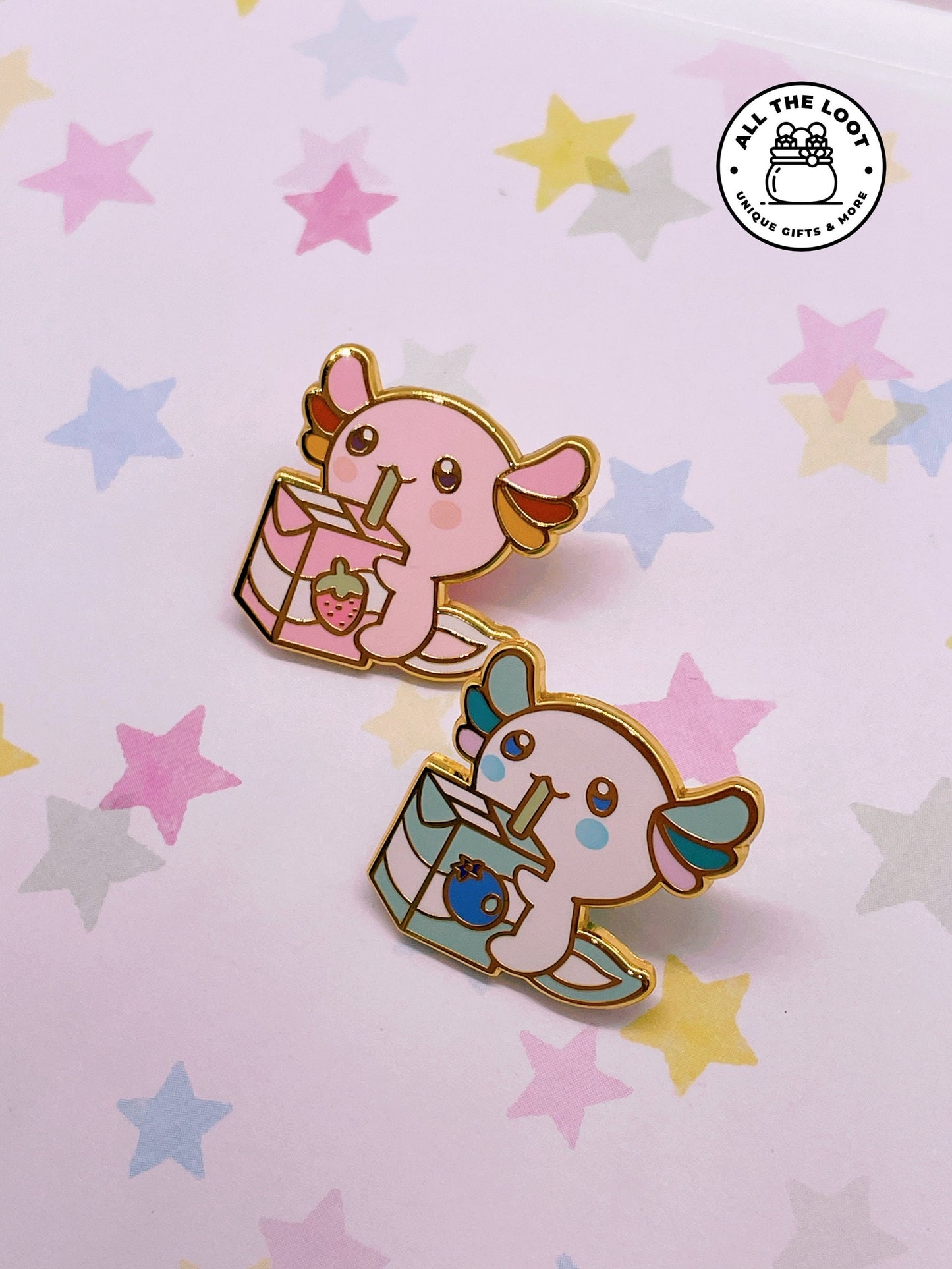 Juice box Axolotl enamel pin