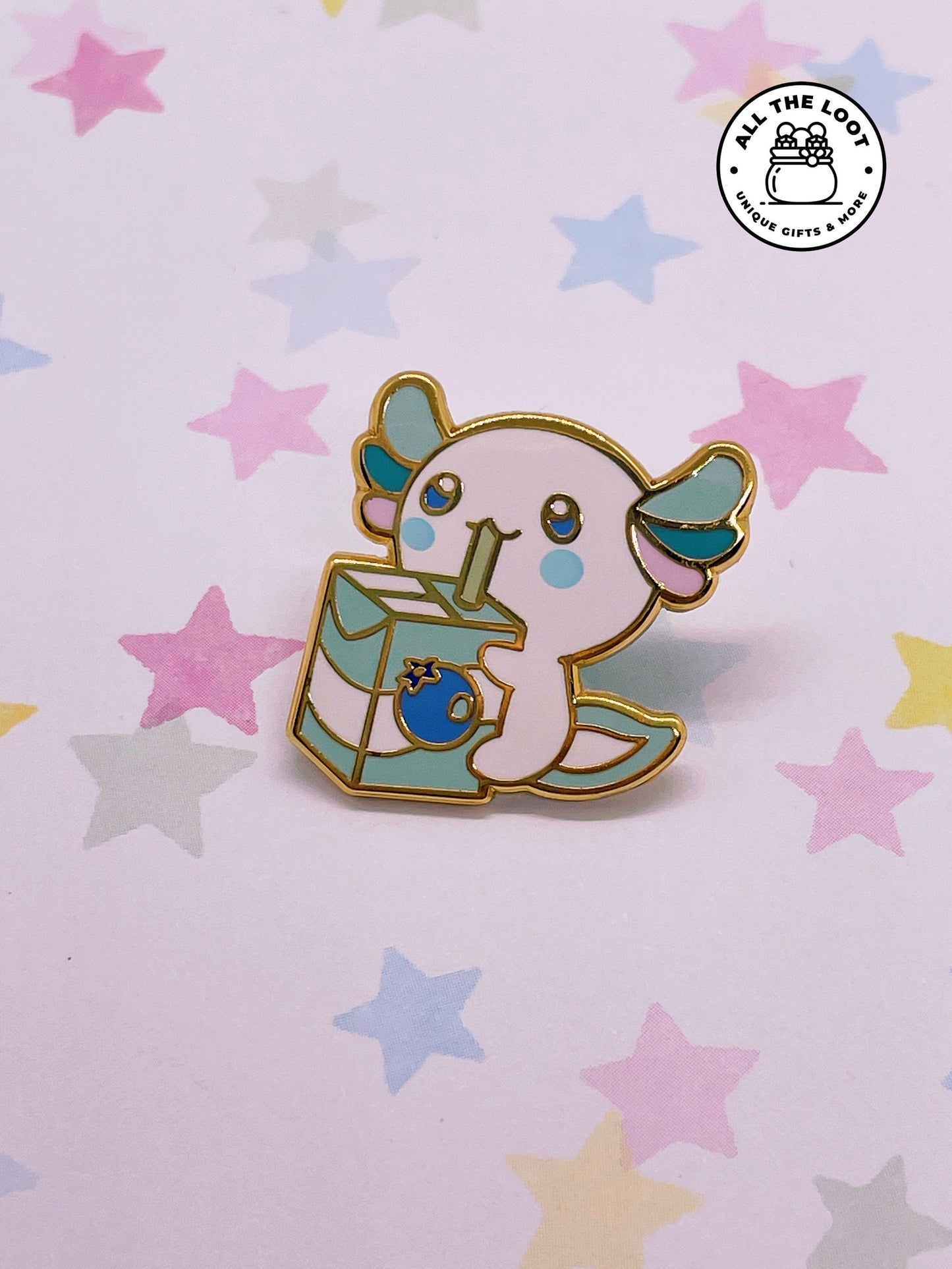 Juice box Axolotl enamel pin