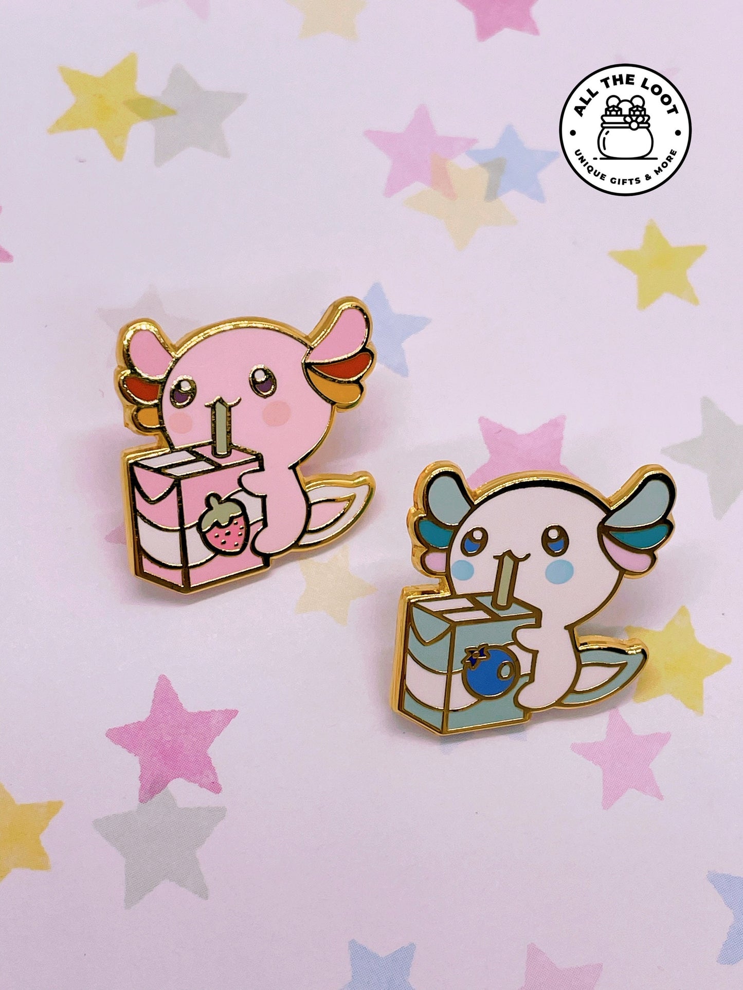 Juice box Axolotl enamel pin
